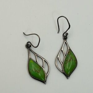 Sterling Silver Green Stone Earrings Leaf Motif Stamped 925 French Wire 1.5"L